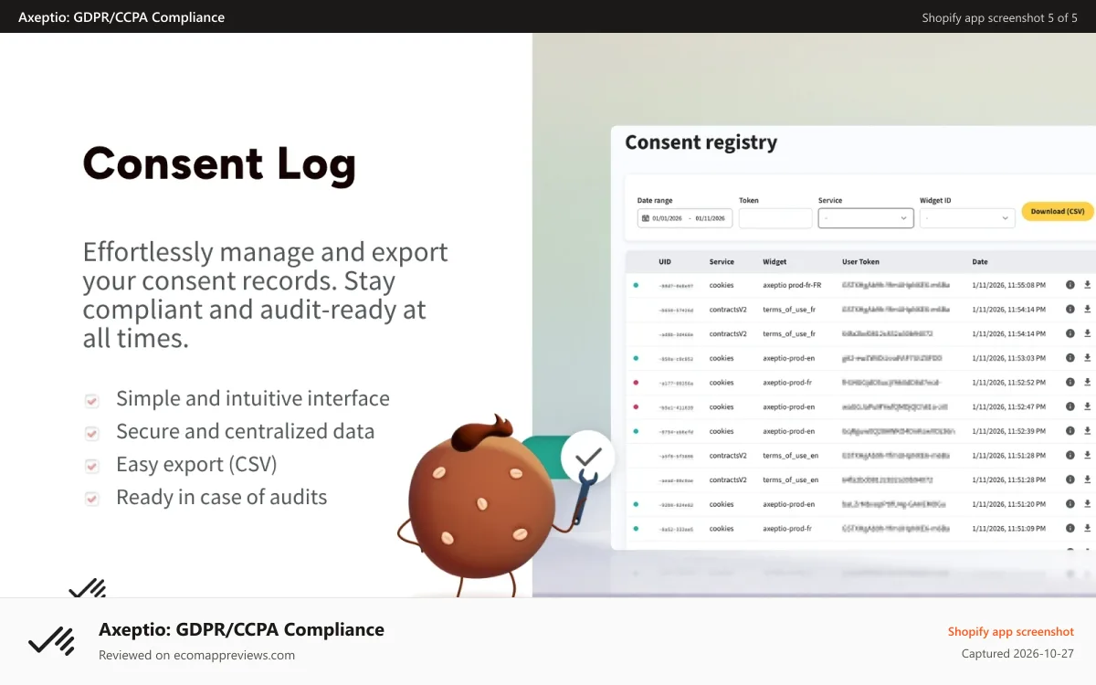 Axeptio: GDPR/CCPA Compliance Shopify app screenshot: Table containing all consent logs