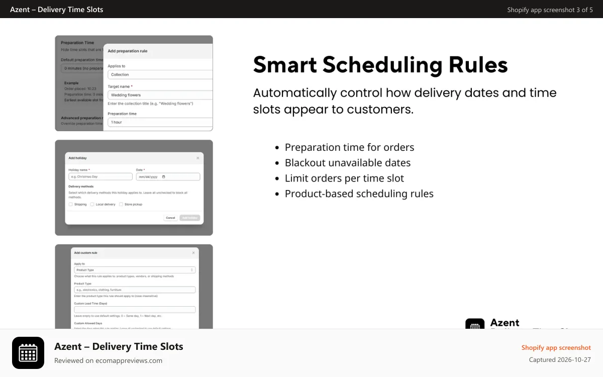 Azent – Delivery Time Slots Shopify app screenshot: Smart scheduling rules for delivery date and time slots