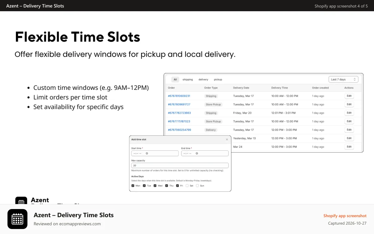 Azent – Delivery Time Slots Shopify app screenshot: Flexible delivery time slots with order capacity limits