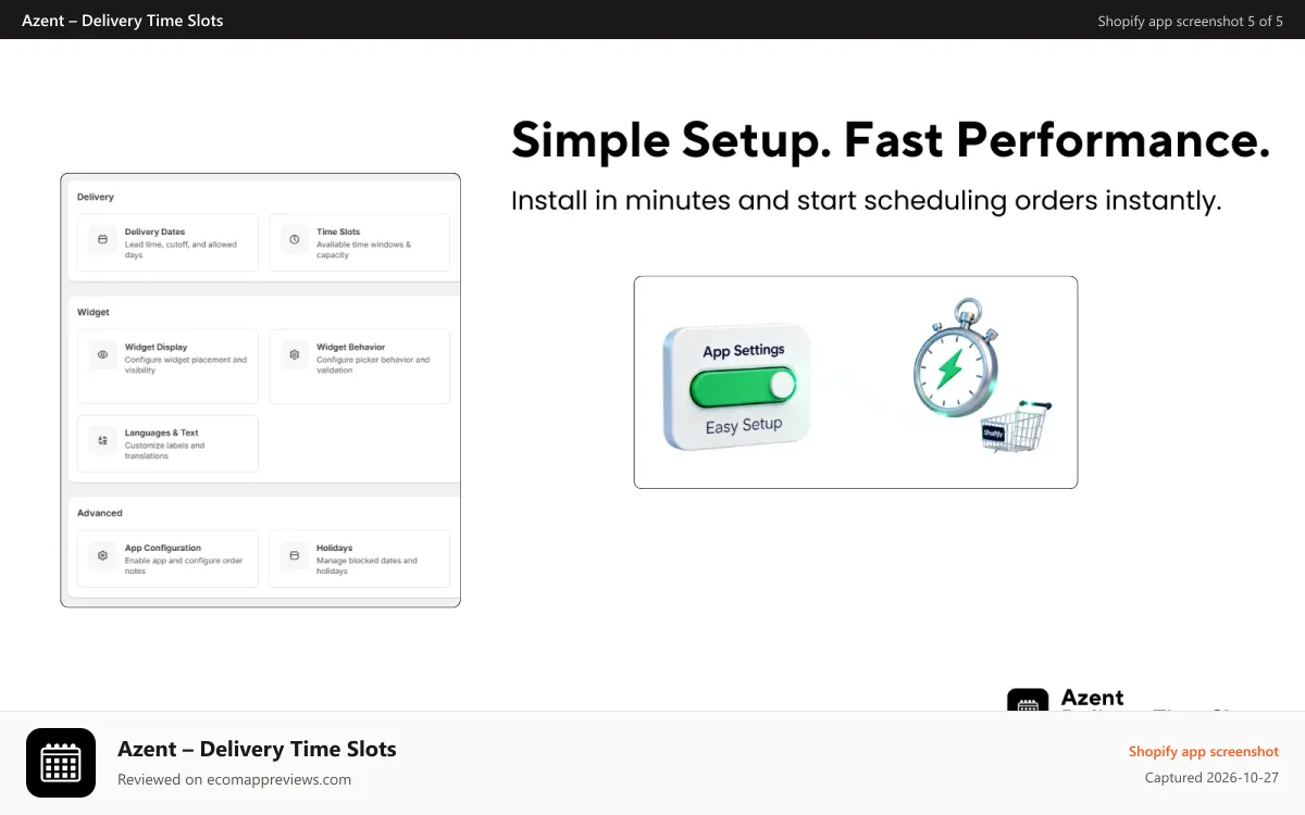 Azent – Delivery Time Slots Shopify app screenshot: Easy setup delivery date and time picker for Shopify