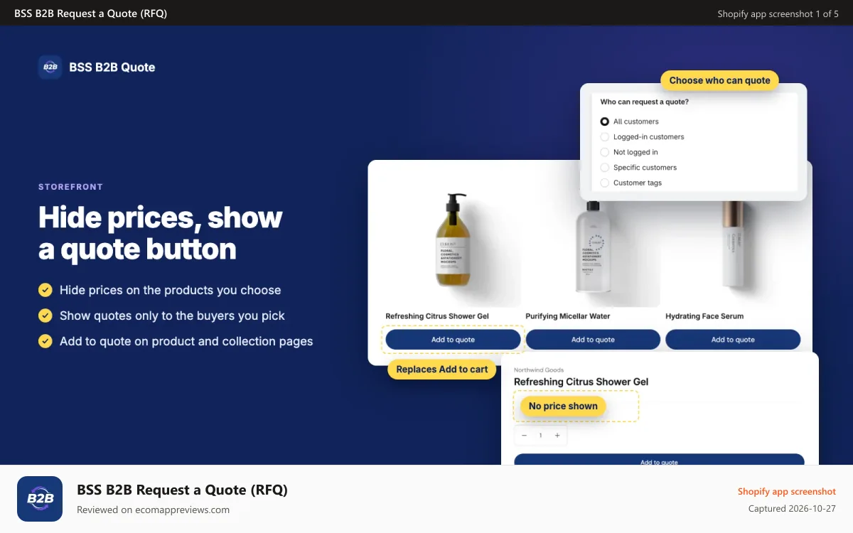 BSS B2B Request a Quote (RFQ) Shopify app screenshot: Add to quote buttons on a collection page with prices hidden