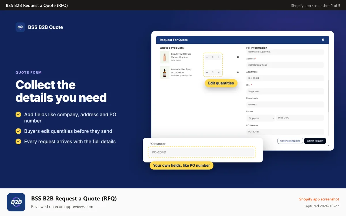 BSS B2B Request a Quote (RFQ) Shopify app screenshot: Quote form with company, address and PO number fields