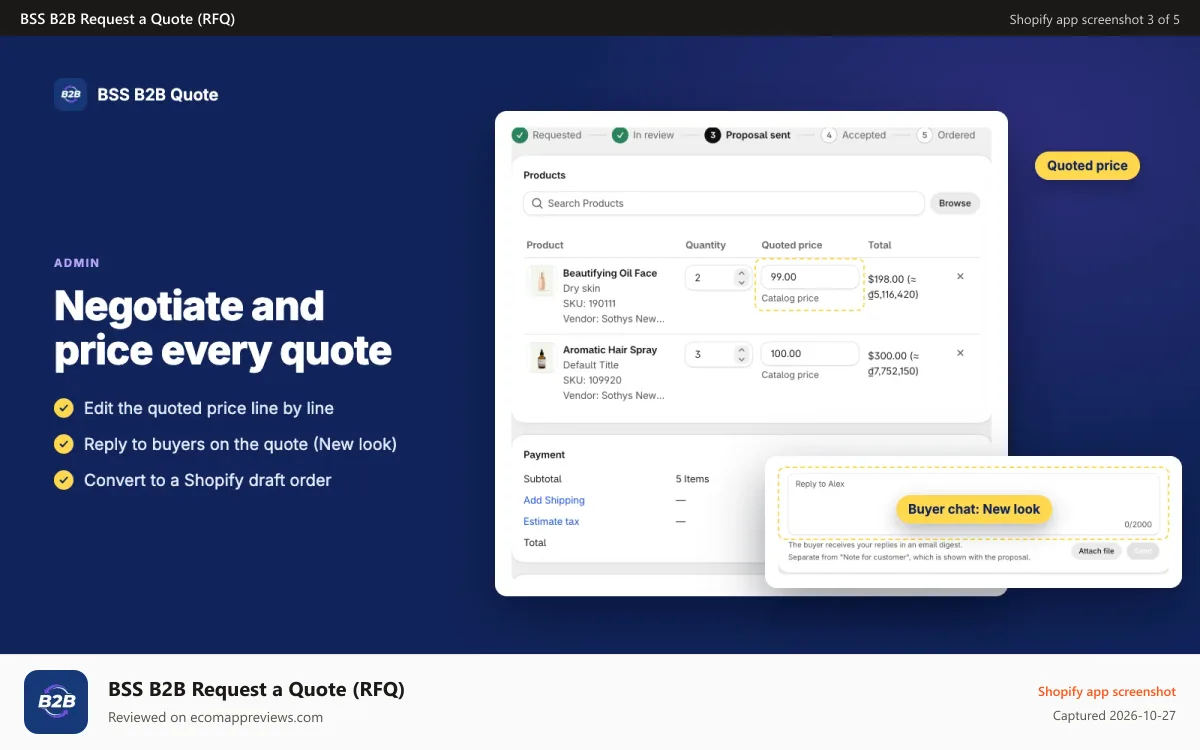 BSS B2B Request a Quote (RFQ) Shopify app screenshot: Quote detail page with editable quoted prices