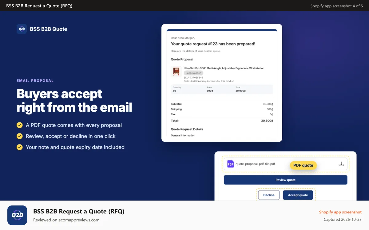BSS B2B Request a Quote (RFQ) Shopify app screenshot: Quote proposal email with PDF file and Review quote button