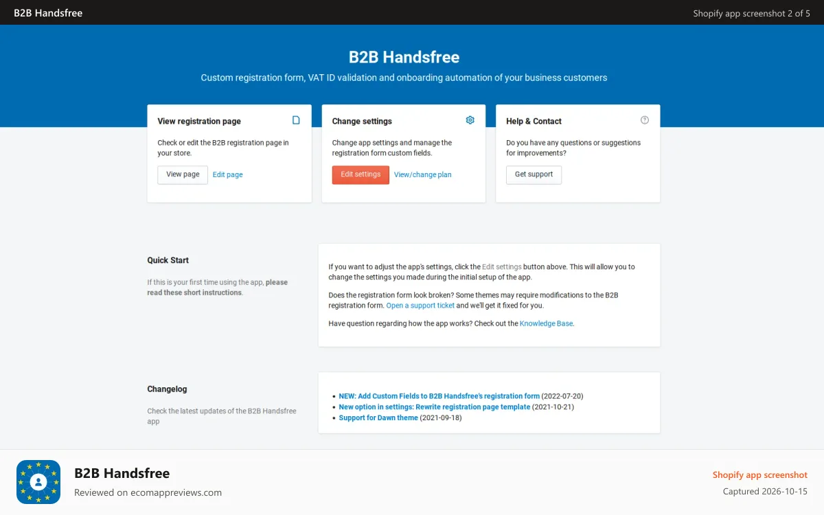 B2B Handsfree Shopify app screenshot: B2B Handsfree App Dashboard