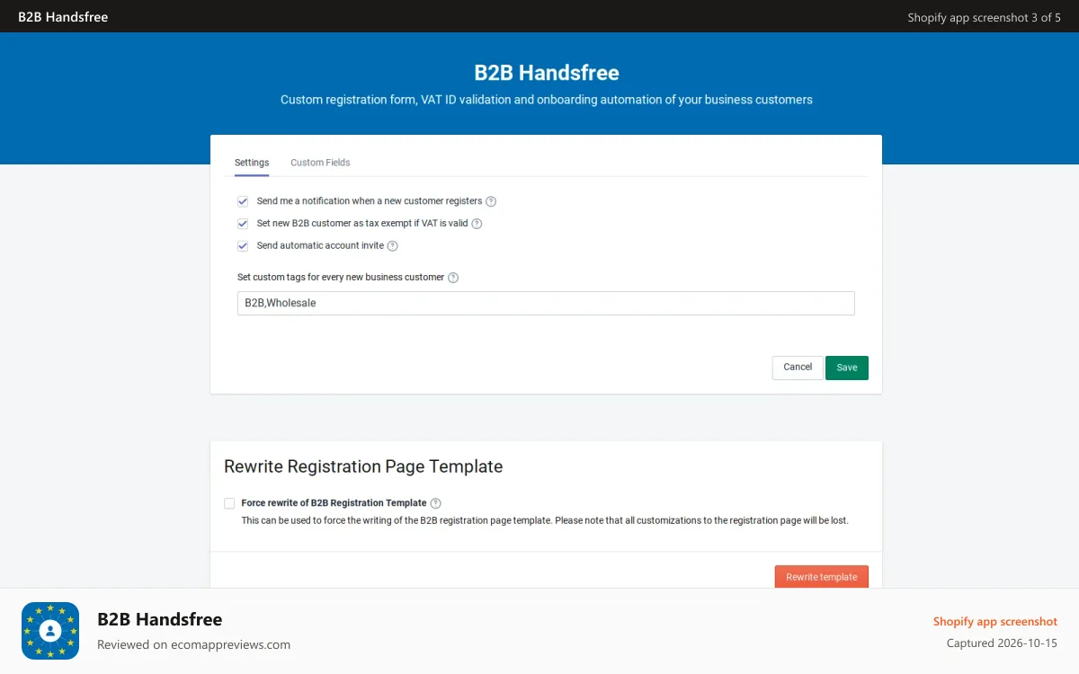 B2B Handsfree Shopify app screenshot: B2B Handsfree App Settings Page