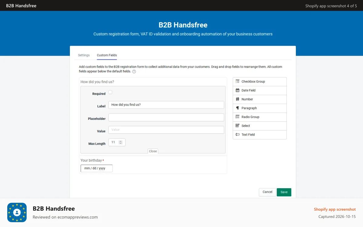 B2B Handsfree Shopify app screenshot: B2B Handsfree Custom Fields settings page