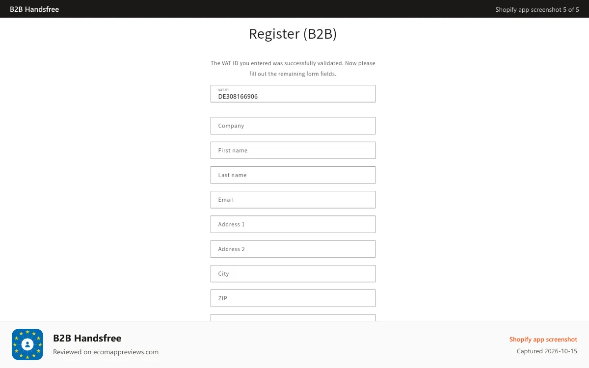 B2B Handsfree Shopify app screenshot: B2B Handsfree registration form