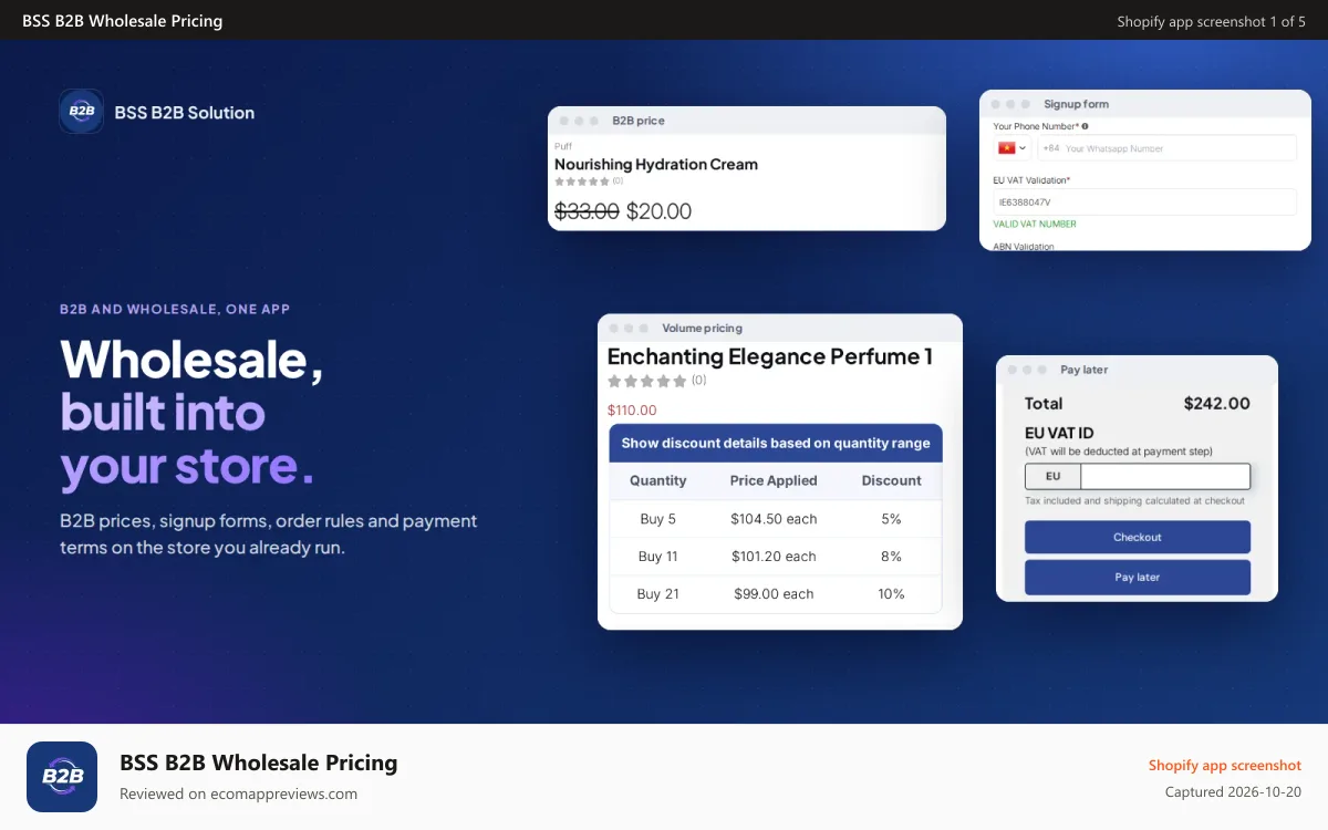 BSS B2B Wholesale Pricing Shopify app screenshot: B2B pricing, signup, order rules and pay later in one app