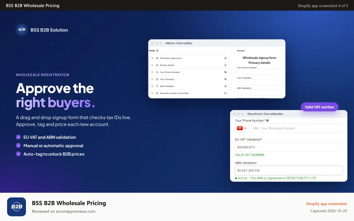 BSS B2B Wholesale Pricing Shopify app screenshot: Wholesale signup form with live EU VAT and ABN validation