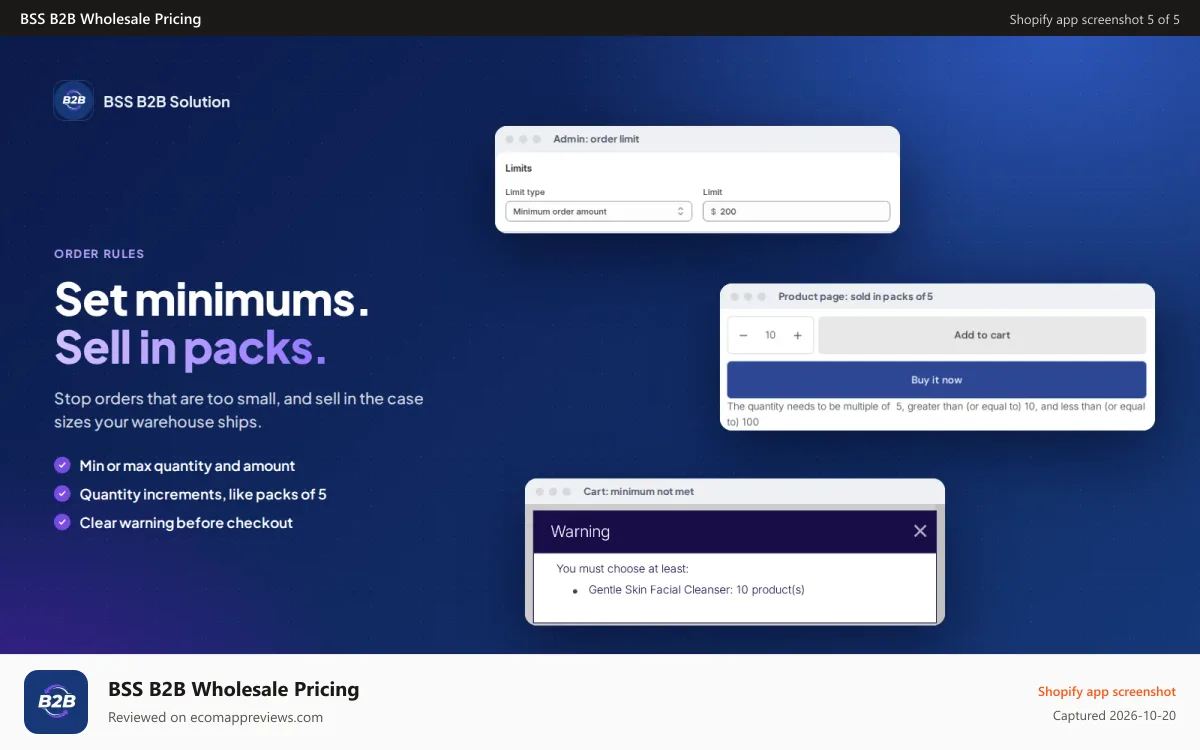 BSS B2B Wholesale Pricing Shopify app screenshot: Minimum order rules and pack sizes with checkout warnings