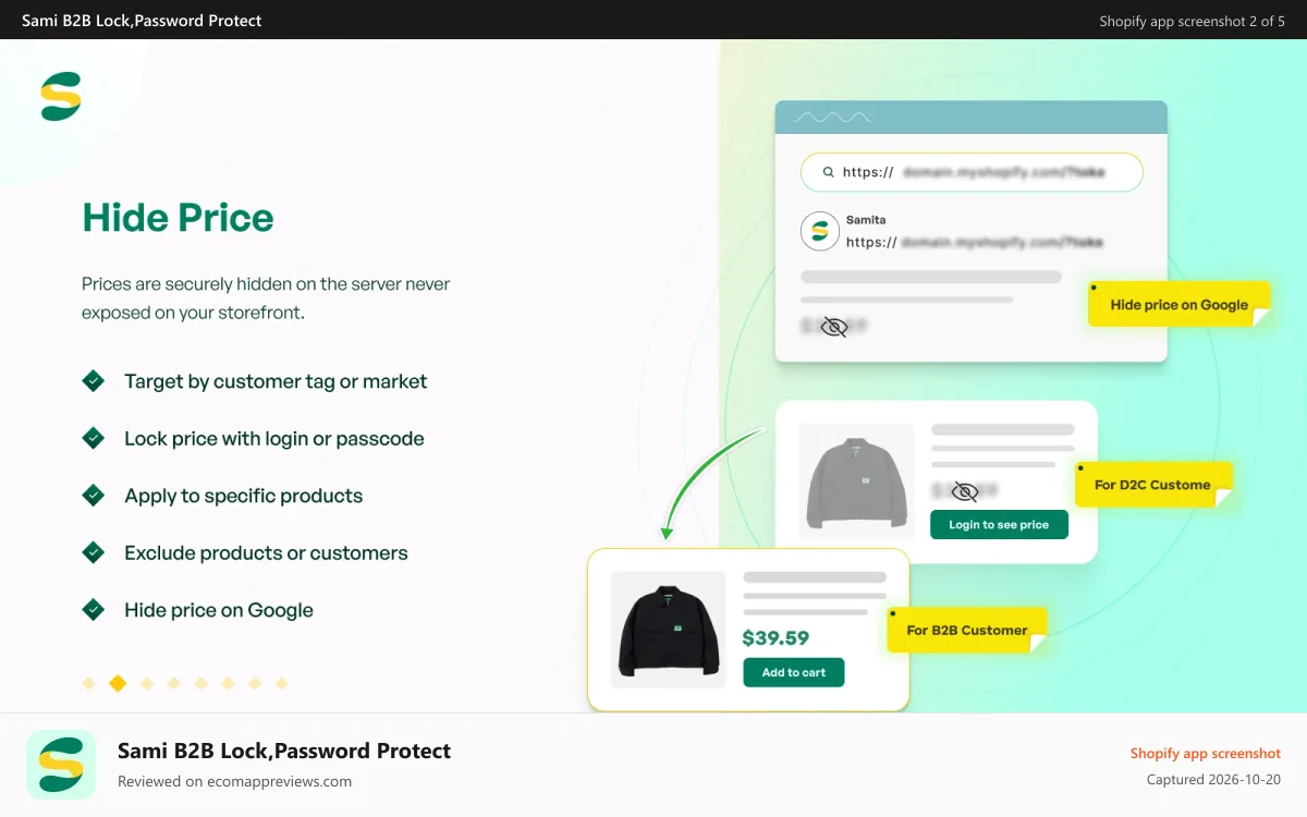 Sami B2B Lock,Password Protect Shopify app screenshot: Hide Price