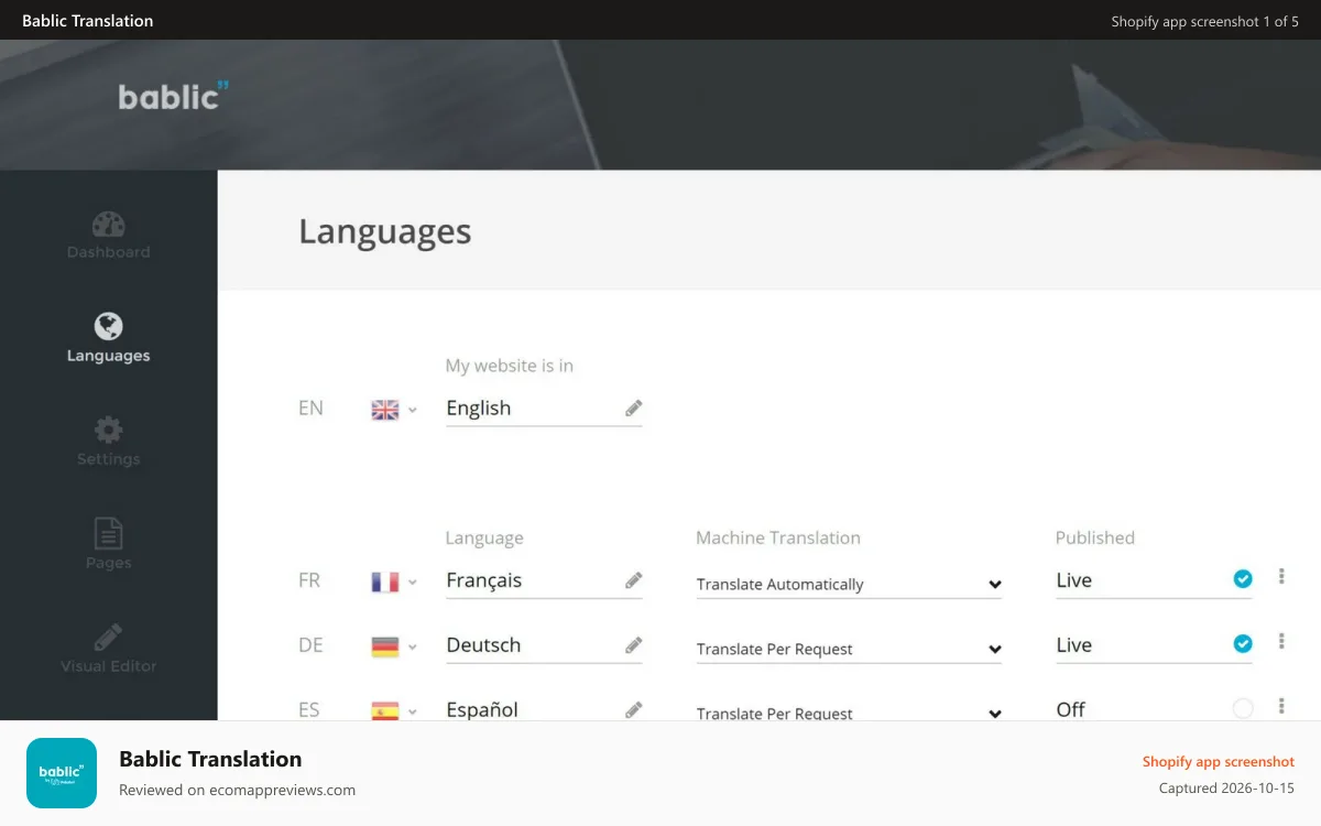 Bablic Translation Shopify app screenshot: Manage languages