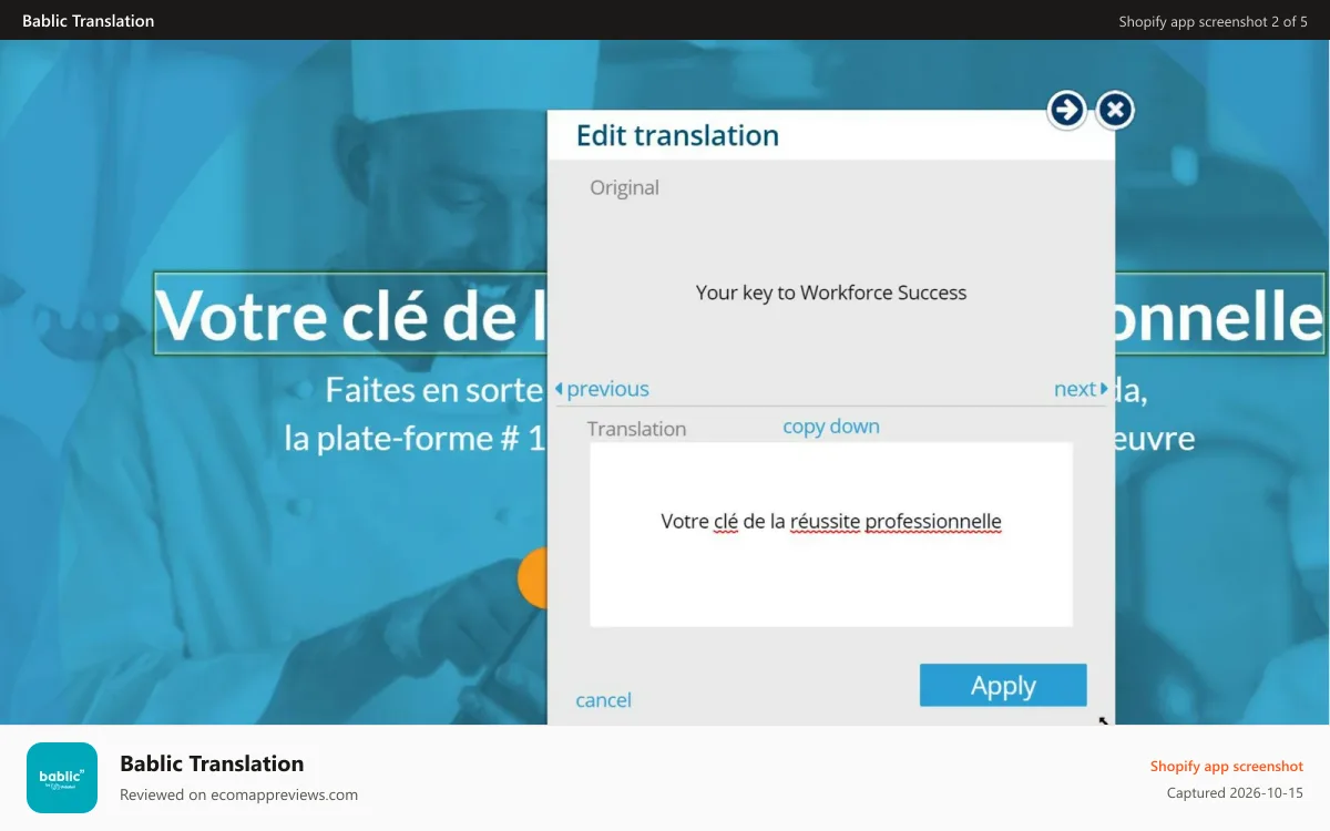 Bablic Translation Shopify app screenshot: Edit text manually to improve translation
