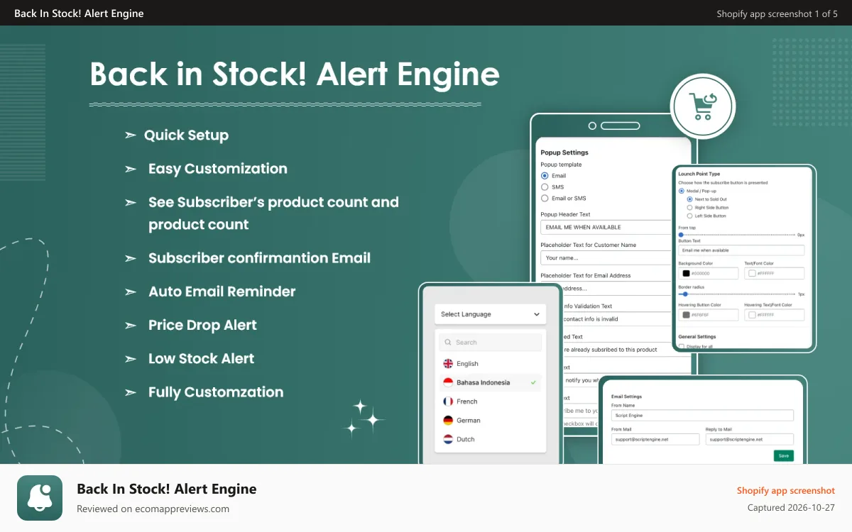 Back In Stock! Alert Engine Shopify app screenshot: Back In Stock and Restock Alerts notify your customers