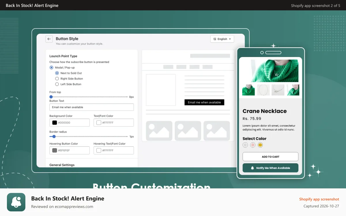 Back In Stock! Alert Engine Shopify app screenshot: Low Stock & Price Drop Alert Notimication