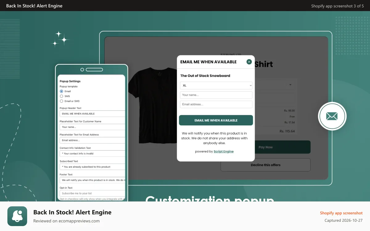 Back In Stock! Alert Engine Shopify app screenshot: Customize Back in Stock Notification to match your brand guide.