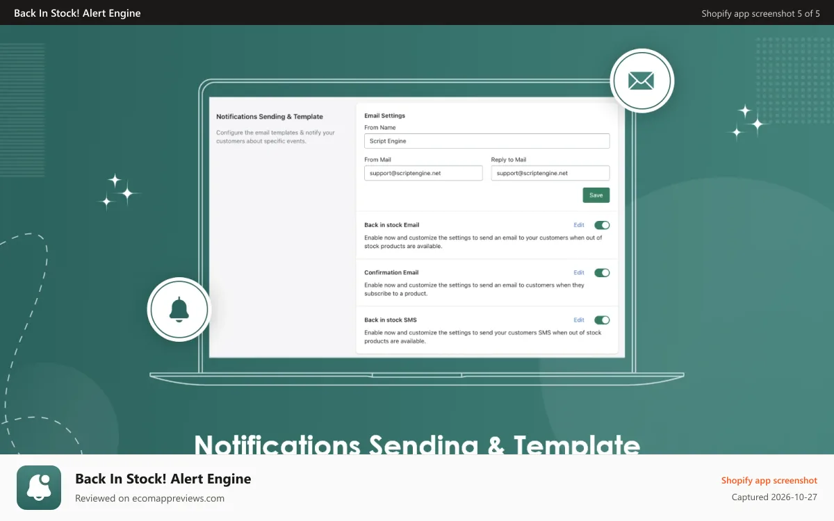 Back In Stock! Alert Engine Shopify app screenshot: marketing integrations with other apps