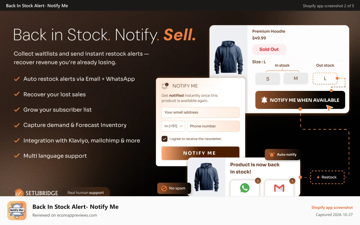 Back In Stock Alert‑ Notify Me Shopify app screenshot: Notify me form builds a waitlist for out-of-stock products