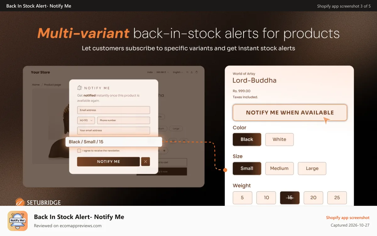Back In Stock Alert‑ Notify Me Shopify app screenshot: Restock alert per variant for the exact size or colour