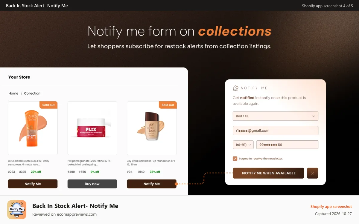Back In Stock Alert‑ Notify Me Shopify app screenshot: Notify me button and popup alert form on collection pages