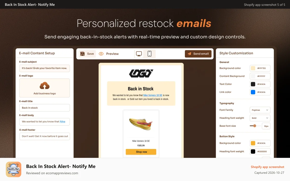 Back In Stock Alert‑ Notify Me Shopify app screenshot: Branded back in stock email template for your store