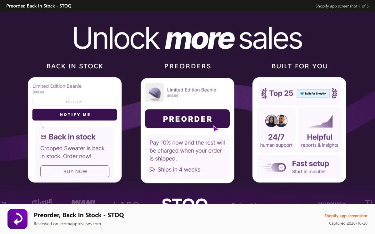 Preorder, Back In Stock ‑ STOQ Shopify app screenshot: Preorder, backorder, back in stock, notify me & restock all in 1