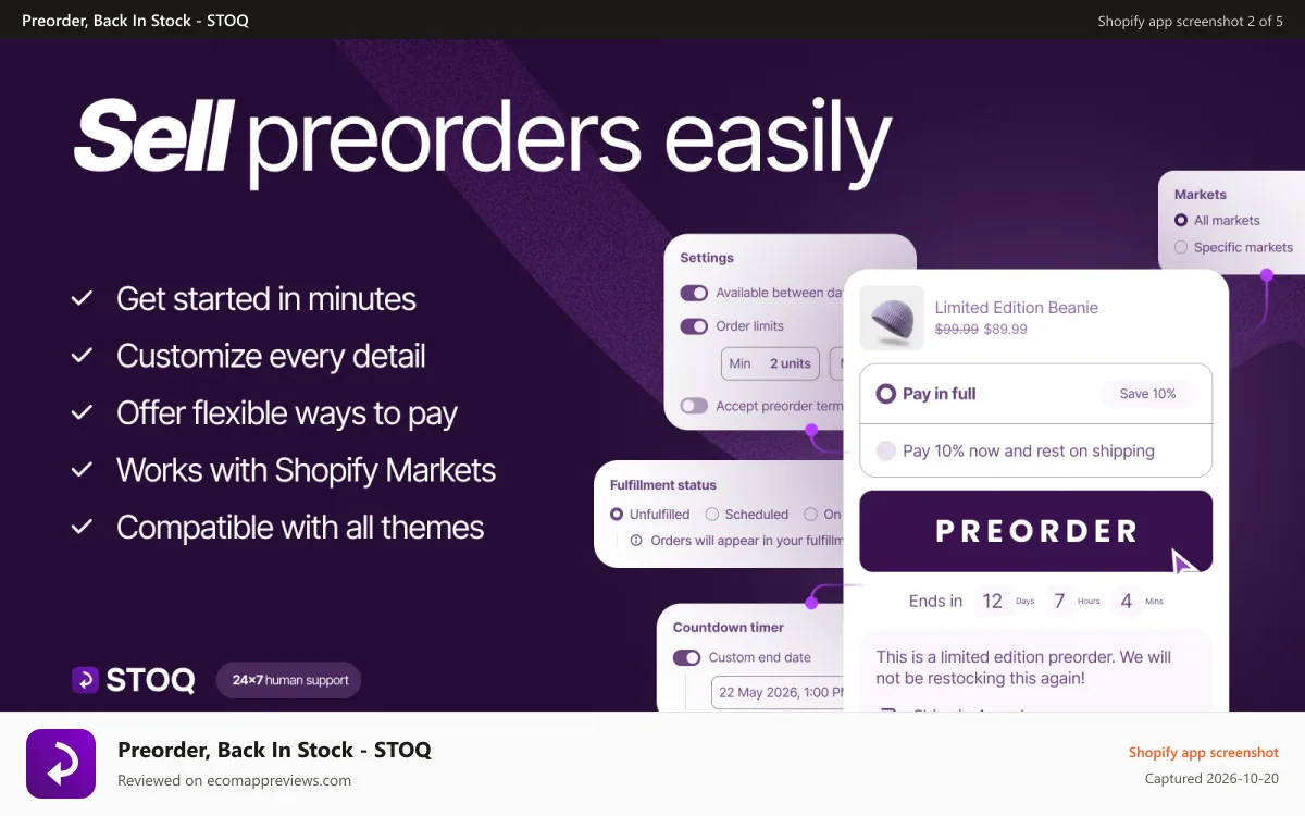 Preorder, Back In Stock ‑ STOQ Shopify app screenshot: Sell pre orders, backorders, deposits, partial payment and molre