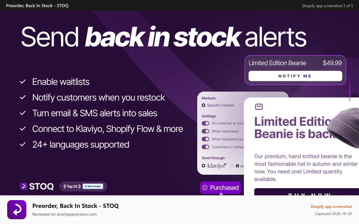 Preorder, Back In Stock ‑ STOQ Shopify app screenshot: Send back in stock alerts when you restock. Supports Klaviyo