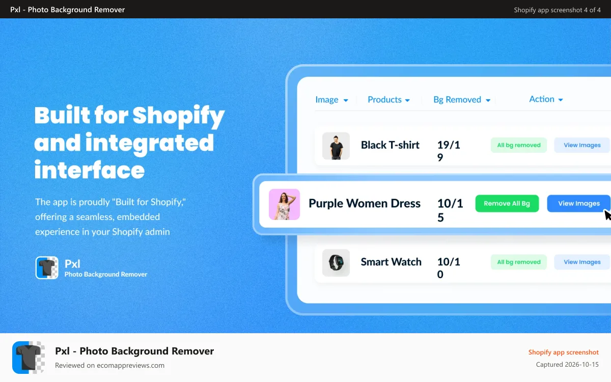 Pxl ‑ Photo Background Remover Shopify app screenshot: Built for Shopify