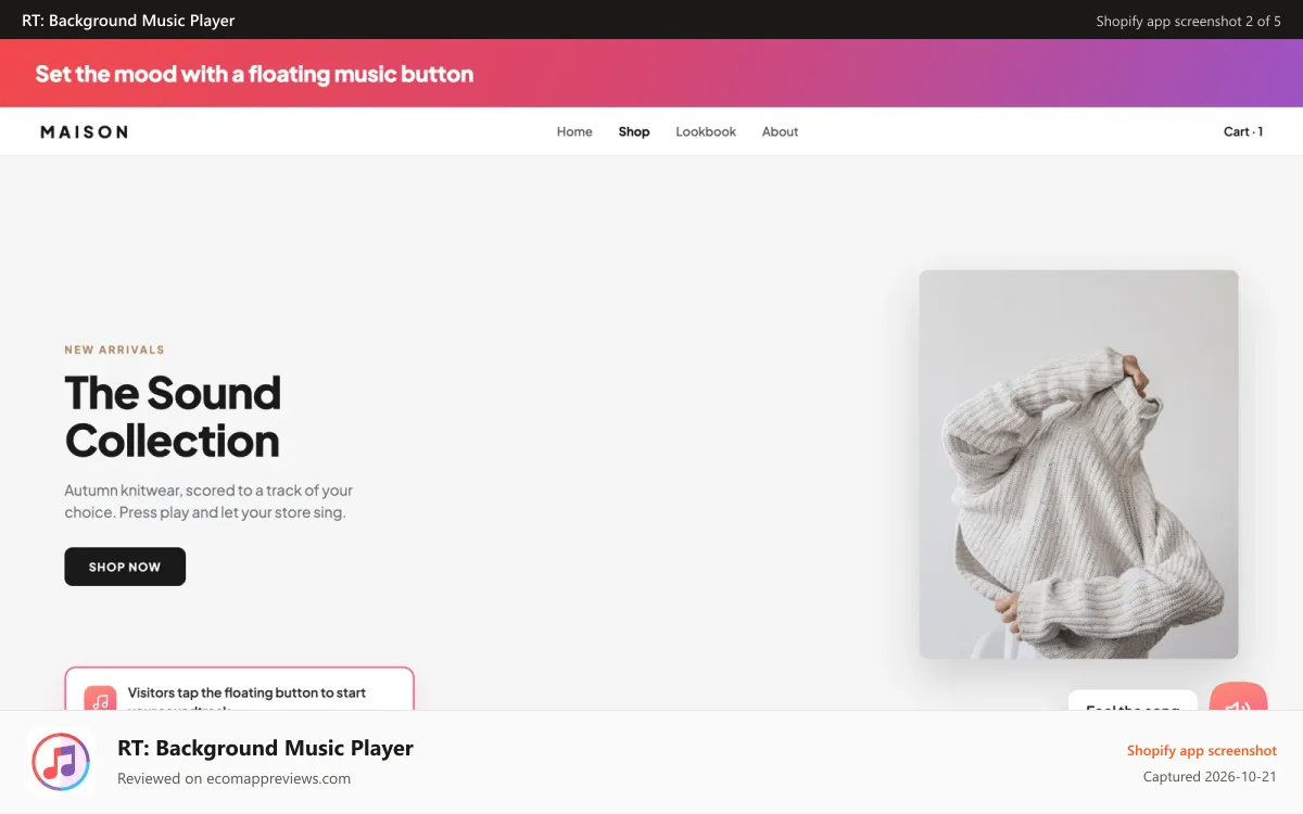 RT: Background Music Player Shopify app screenshot: Set the mood with a floating music button