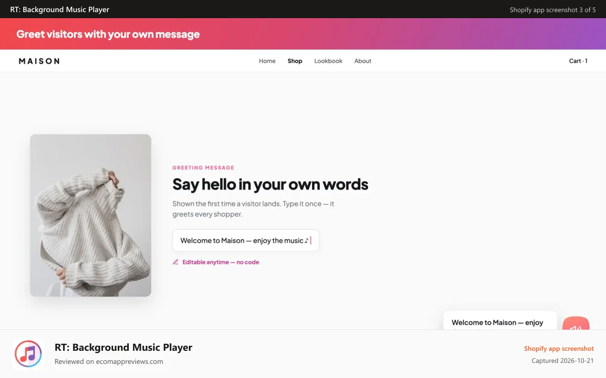 RT: Background Music Player Shopify app screenshot: Greet visitors with your own message