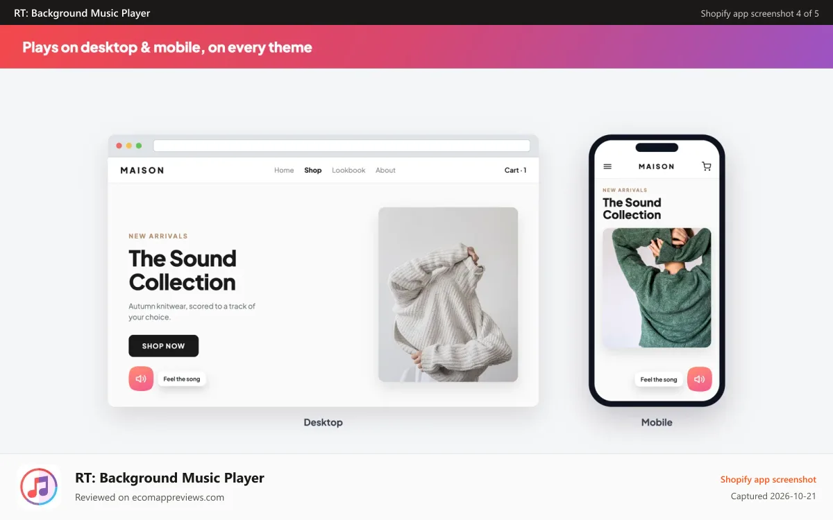 RT: Background Music Player Shopify app screenshot: Plays on desktop & mobile, on every theme