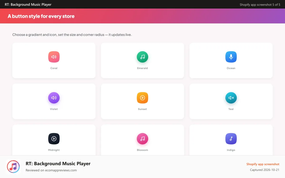 RT: Background Music Player Shopify app screenshot: A button style for every store