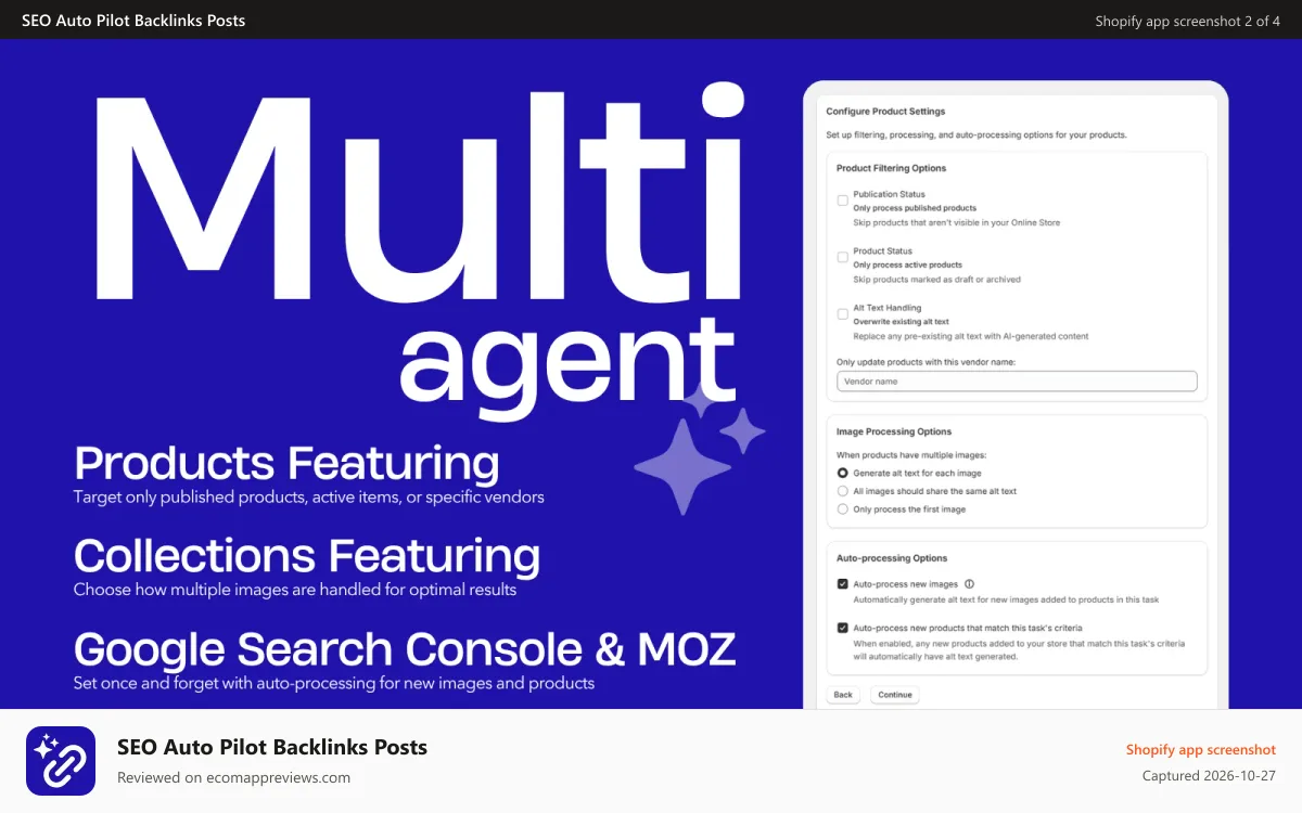 SEO Auto Pilot Backlinks Posts Shopify app screenshot: SEO Backlinker automate your blog - Multi Agent