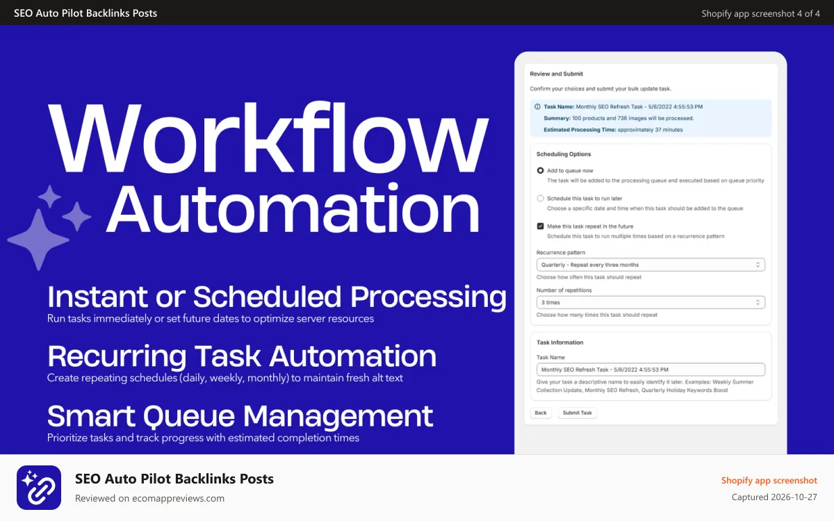 SEO Auto Pilot Backlinks Posts Shopify app screenshot: SEO Backlinker automate your blog - Workflow Automation