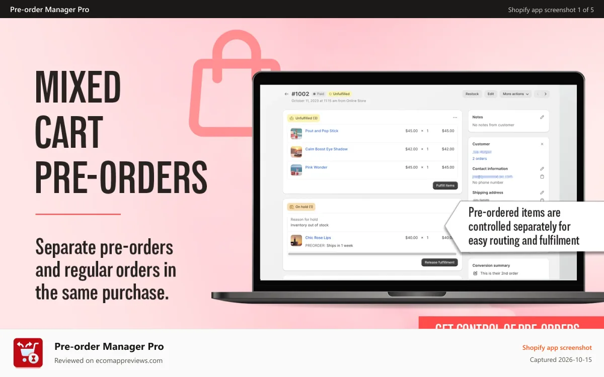 Pre‑order Manager Pro Shopify app screenshot: Manage preorder, split pre-order, Sell pre-order, backorders