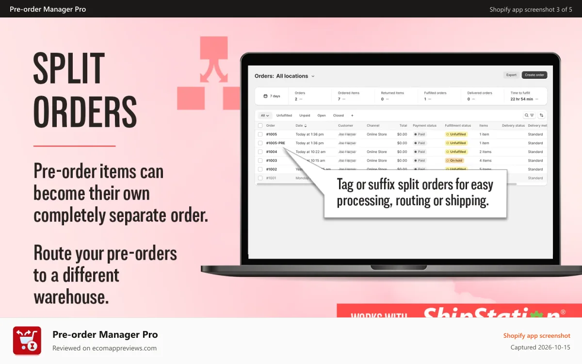 Pre‑order Manager Pro Shopify app screenshot: Manage preorder, split pre-order, Sell pre-order, split shipping