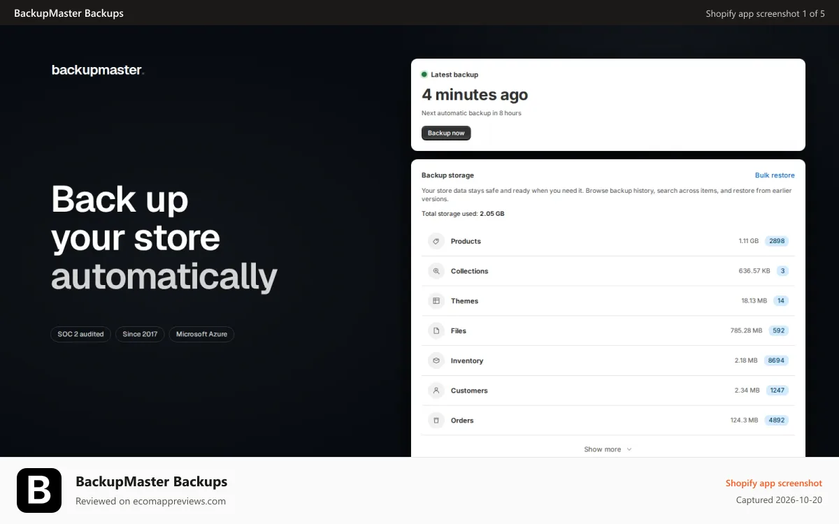BackupMaster Backups Shopify app screenshot: Shopify Backups - BackupMaster