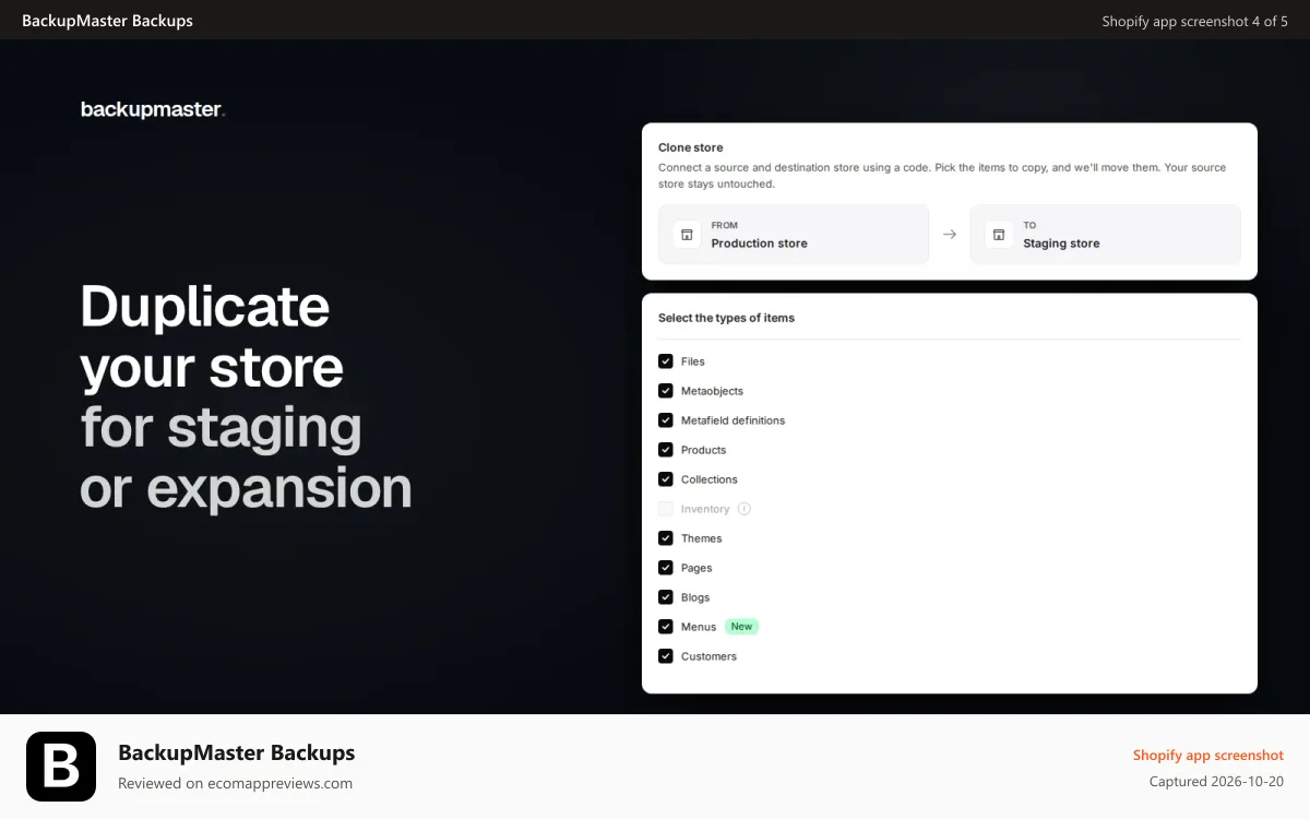 BackupMaster Backups Shopify app screenshot: Clone store from production to staging with selected items