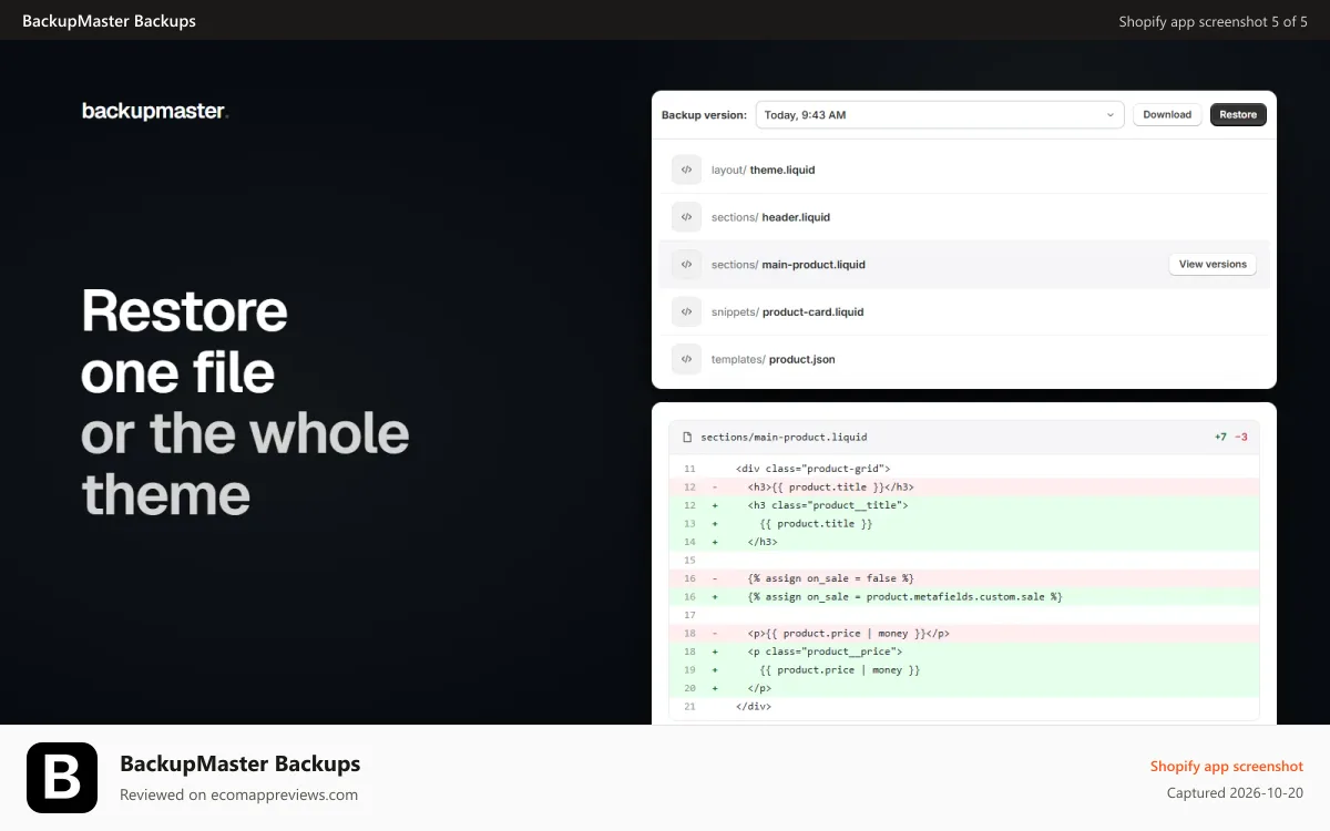 BackupMaster Backups Shopify app screenshot: Theme version history with file list and Liquid code diff