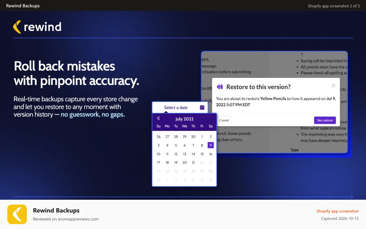 Rewind Backups Shopify app screenshot: Backup Shopify with the Rewind Vault
