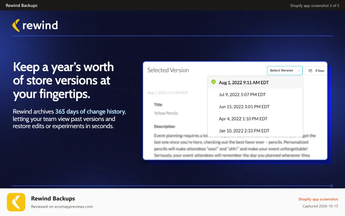 Rewind Backups Shopify app screenshot: Rewind Backups for Shopify - Versions