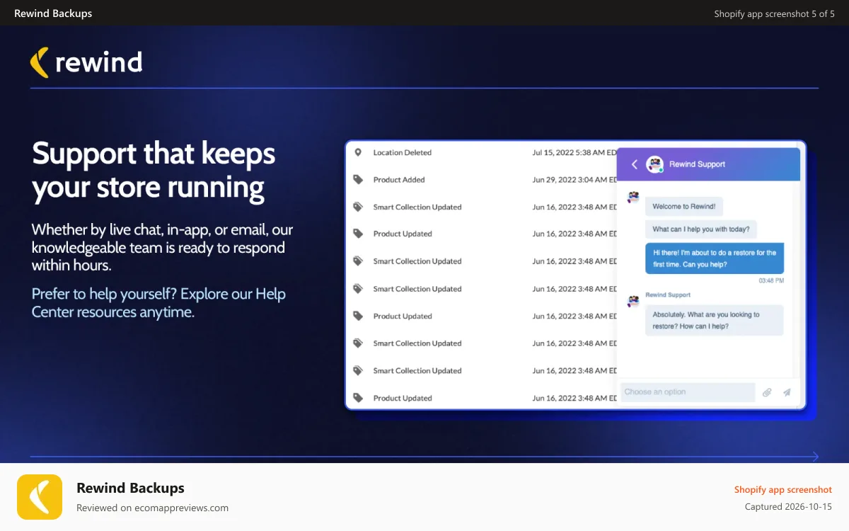 Rewind Backups Shopify app screenshot: Shopify Backup - Customer Support