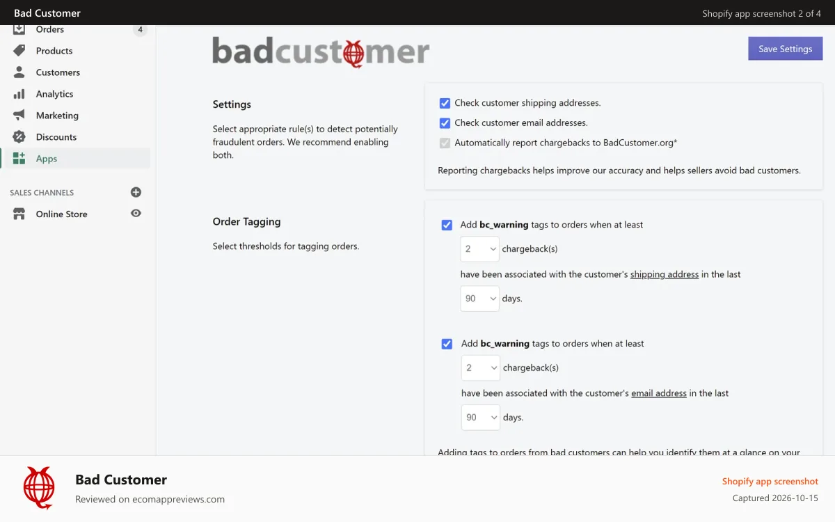 Bad Customer Shopify app screenshot: App Settings