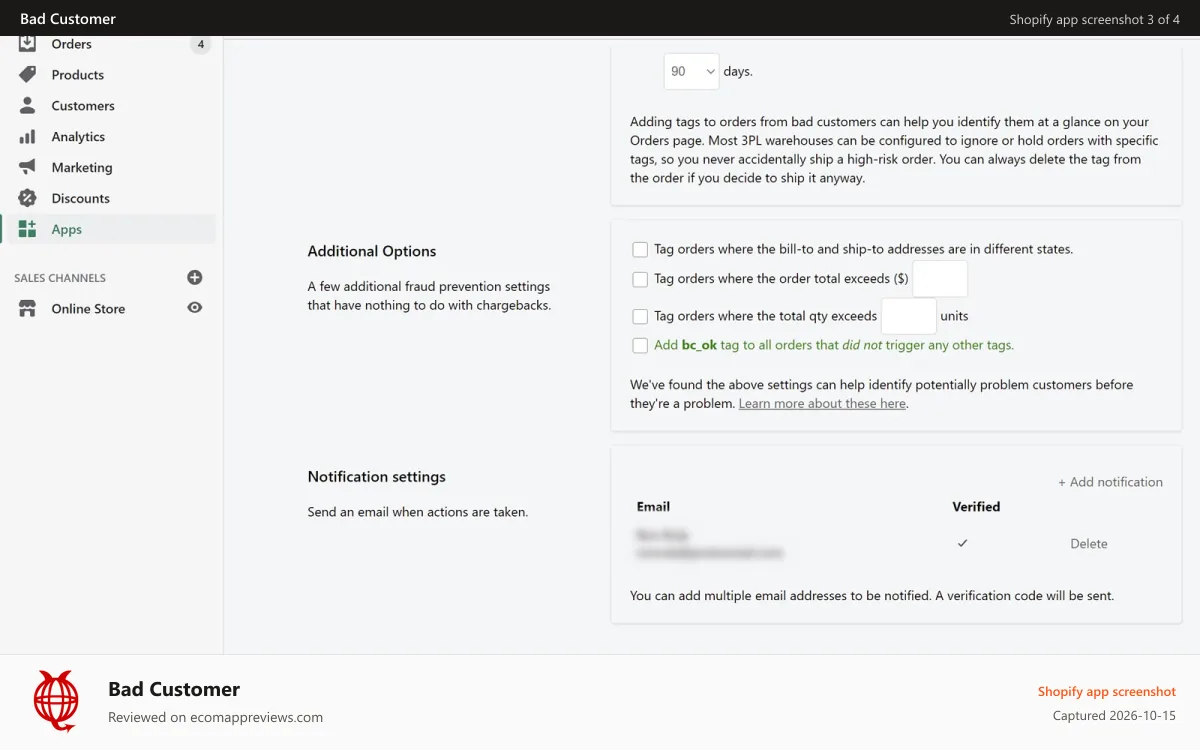 Bad Customer Shopify app screenshot: Additional Settings & Notifications