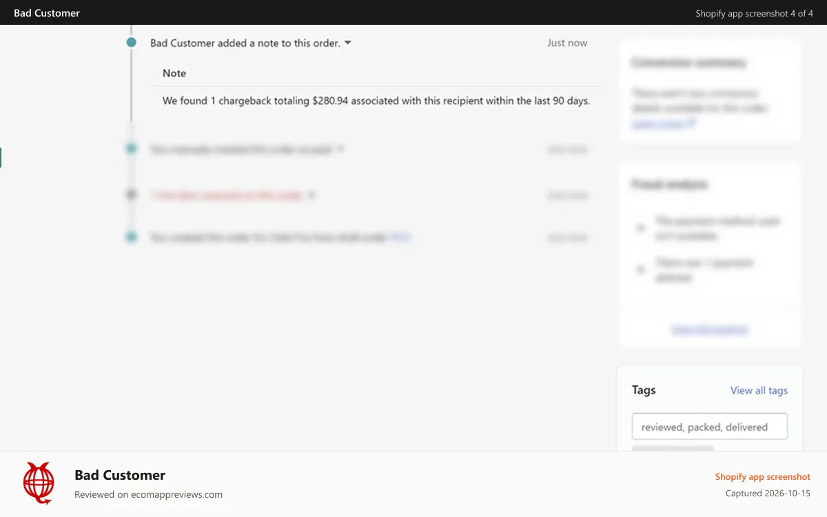 Bad Customer Shopify app screenshot: Tagging orders