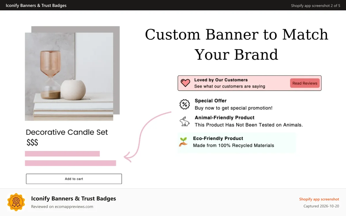 Iconify Banners & Trust Badges Shopify app screenshot: Customize Banner to Match Your Brand