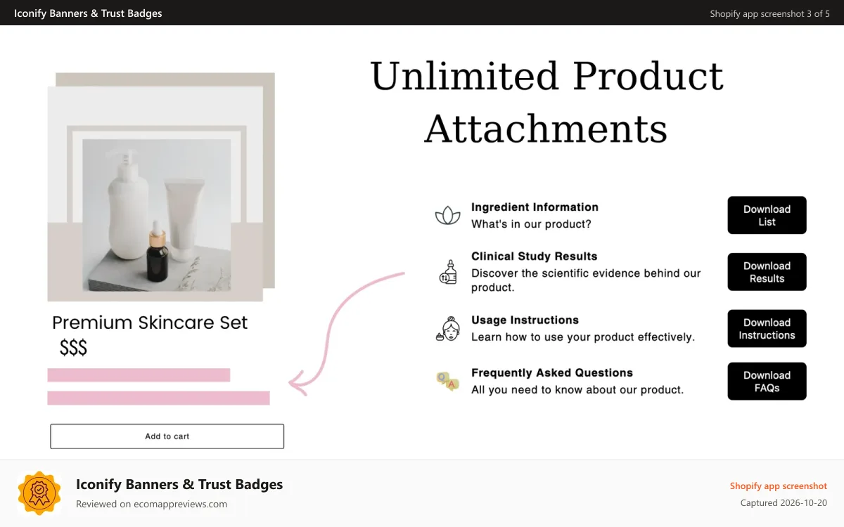 Iconify Banners & Trust Badges Shopify app screenshot: Unlimited Product Attachments