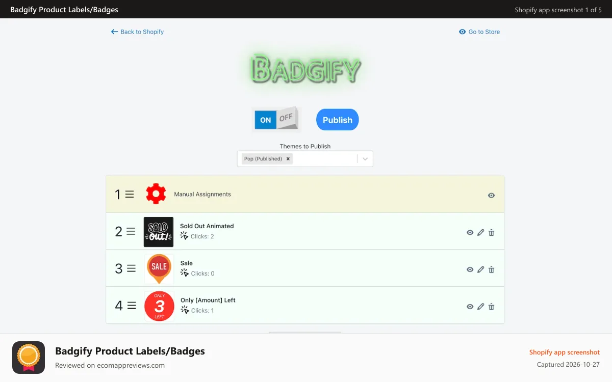 Badgify Product Labels/Badges Shopify app screenshot: Badgify App Dashboard